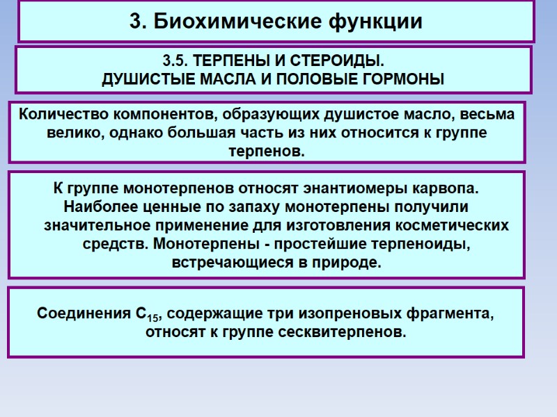 3. Биохимические функции 3.5. ТЕРПЕНЫ И СТЕРОИДЫ.  ДУШИСТЫЕ МАСЛА И ПОЛОВЫЕ ГОРМОНЫ Количество